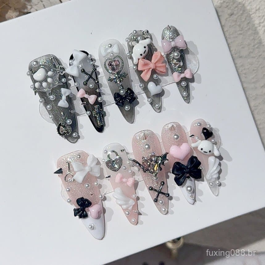 Jirai Y2K Spice Girl Preto Rosa Ponta Longa Imprensa Francesa Em Unhas Doce Legal Menhera Arte Do Prego 3D Arco Cruz Kaw
