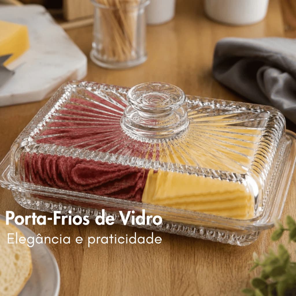 Porta Frios Presunto Salame Queijo Mortadela Retangular Vidro 20cm Com Tampa