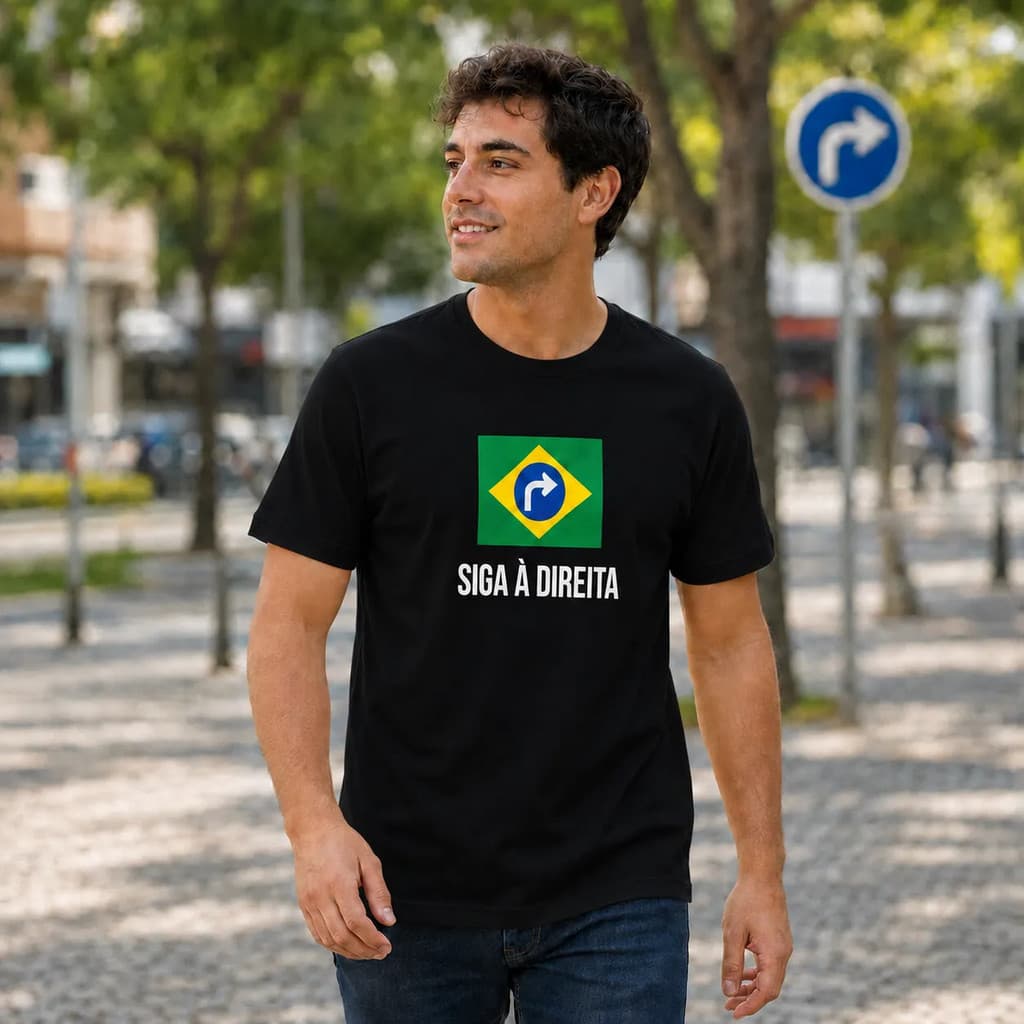 Camiseta Patriota Masculina Brasil Siga à Direita Estampa Casual Streetwear Algodão Manga Curta