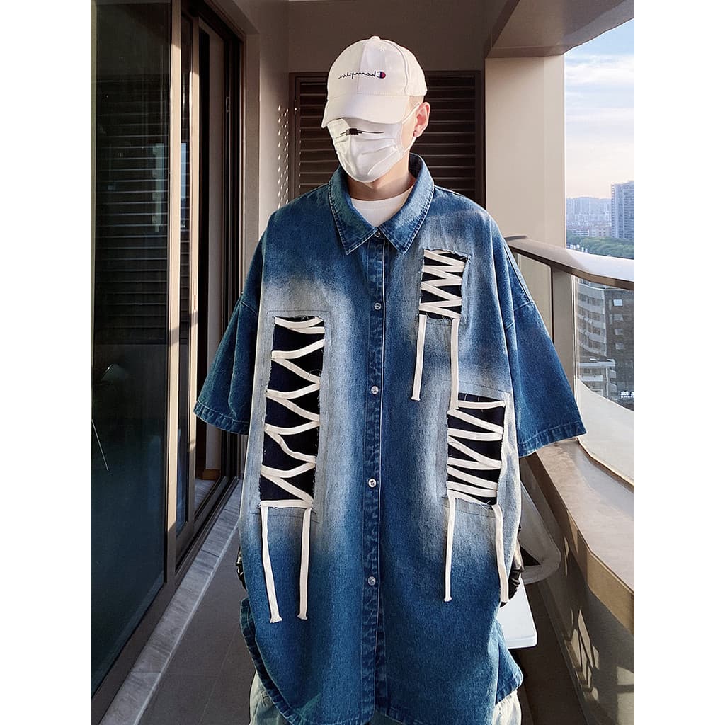 UUCSCC Hip-Hop Street Wear Retro vintage Camisa Solta oversize Denim Camisa de Manga Curta Masculina