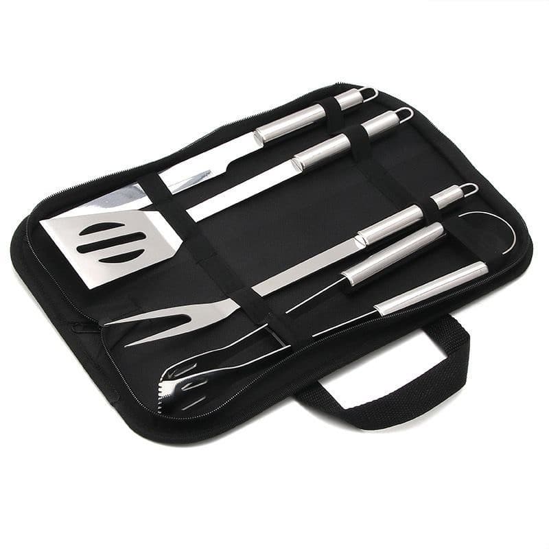 Kit Churrasco 4 Peças com Estojo Portátil Garfo Pegador Inox Faca Espátula para Churrasqueira