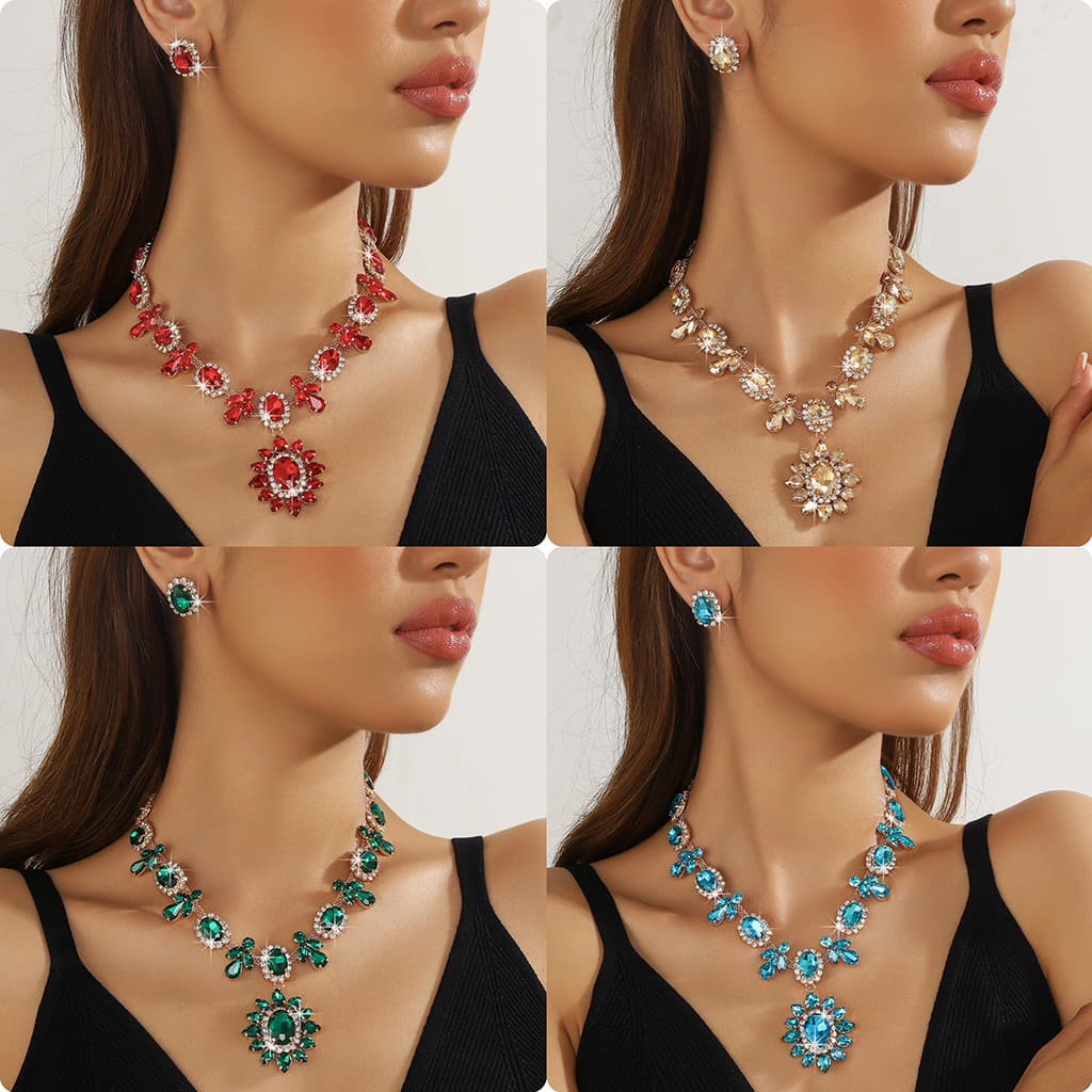 Venda quente High-End atmosférico multicolorido cristal colar brincos de duas peças jantar vestido pingente clavícula co