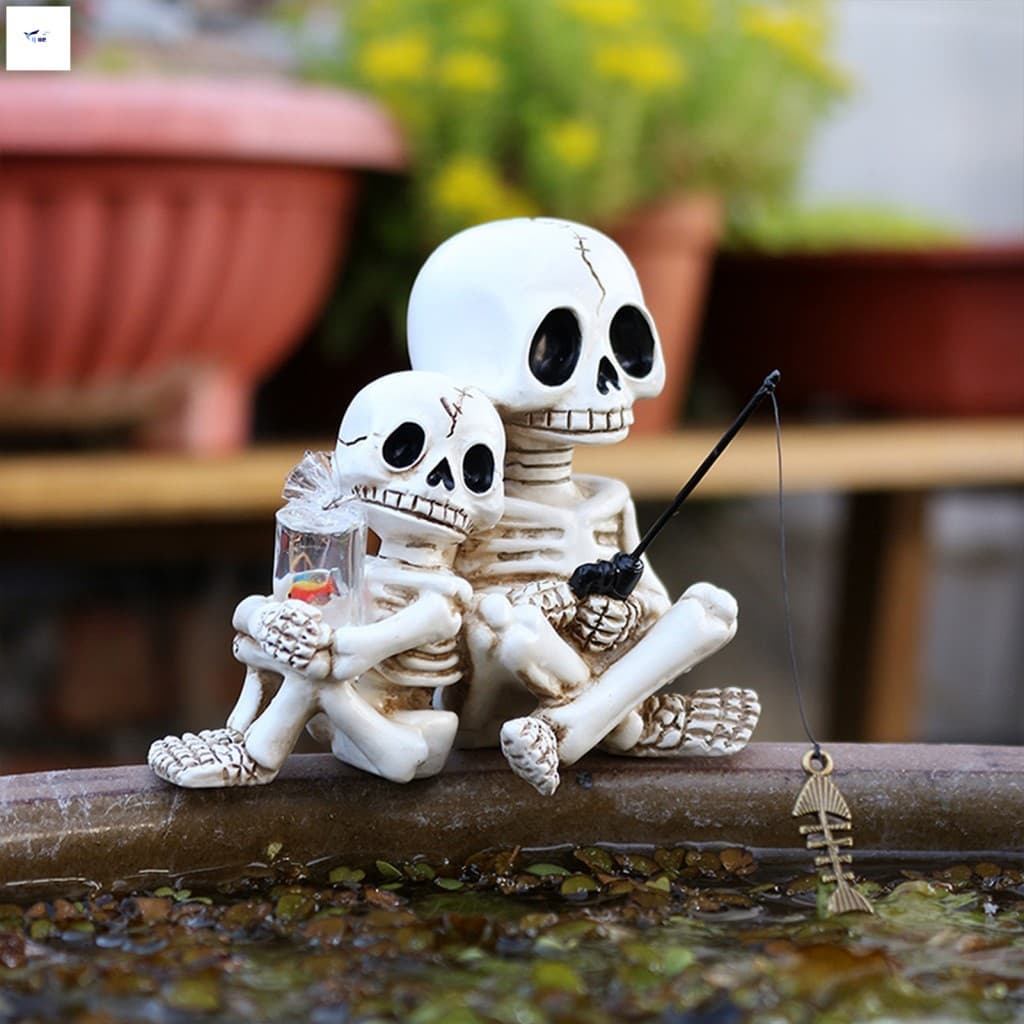 Estatueta De Esqueleto De Pesca Pai E Filho , Ornamento De Mesa De Resina Para Prateleira De Halloween , Jardim , Decora