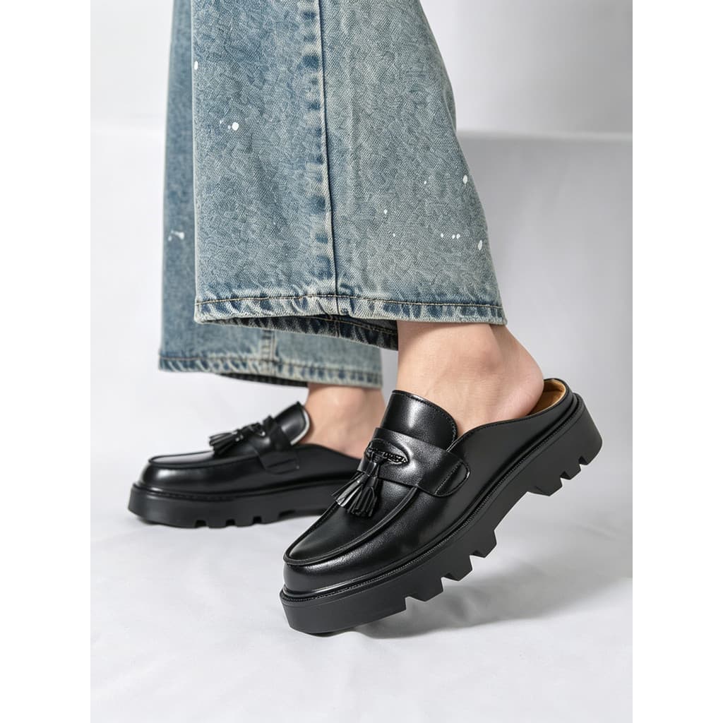 Tassel britânico Toe-coberto chinelos masculinos de sola grossa aumentando sapatos casuais moda deslizamento-em preguiço
