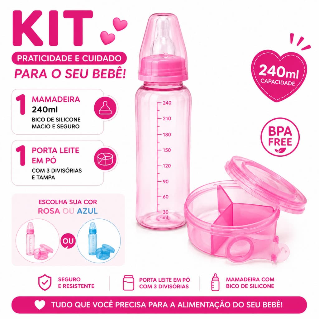 Kit De Mamadeira 240ml Com Bico De Silicone + 1 Porta Leite Em Pó Com Tampa Rosa Ou Azul