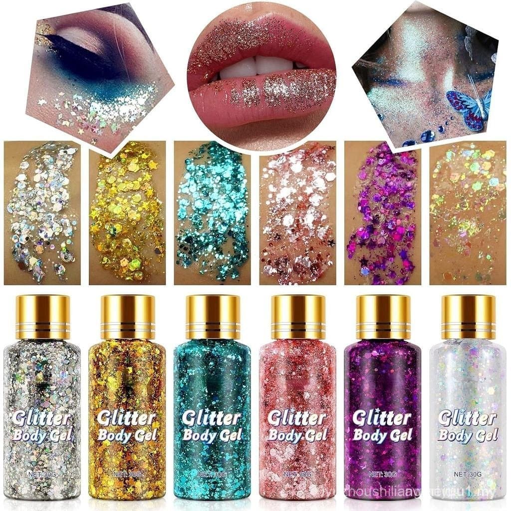BodyGlitterGel, Conjunto de 6 Cores de Gel Brilhante para Corpo e Rosto e Cabelo, Sombra Líquida Cintilante, Maquiagem B