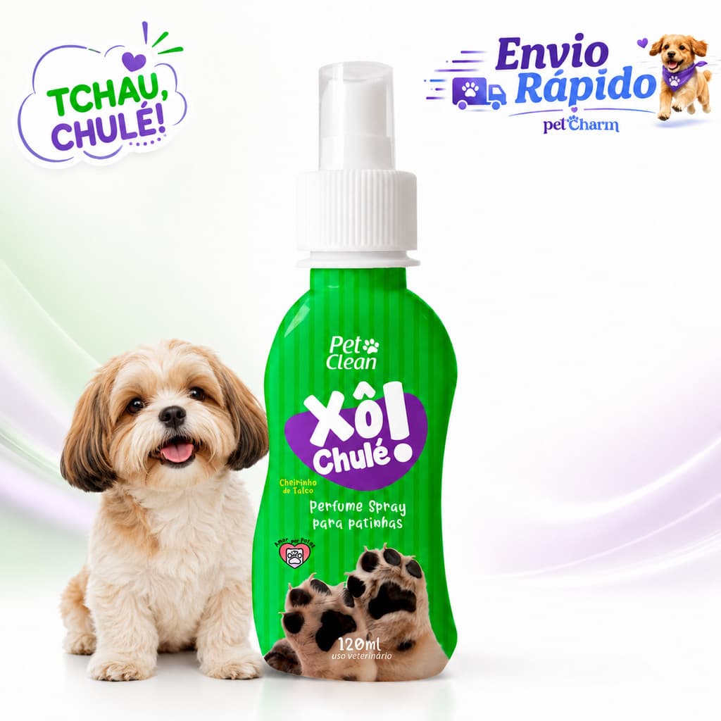 Perfume Spray Xô Chulé Pet Clean 120ml para Cães e Gatos Patinhas Cheirinho de Talco