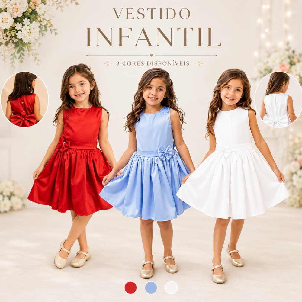 Vestido Infantil Social Menina com Laço Removível Festa Aniversário Casamento
