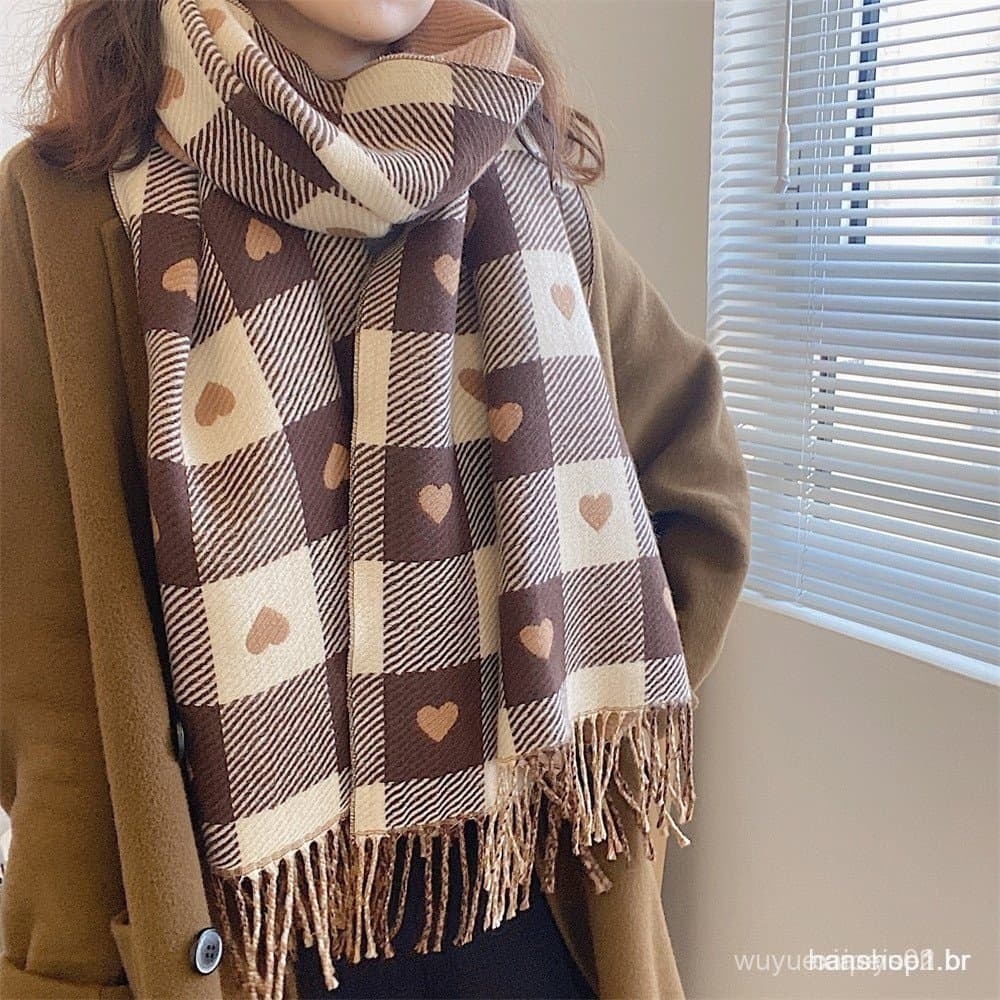 Inverno imitação cachecê de cashmere mulher coração grelha engrossar coréia edição de moda com casaco