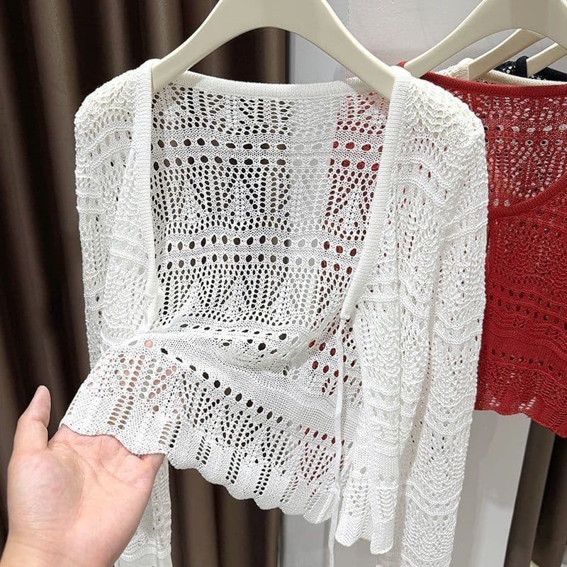 Novo estilo de malha elo de corrente renda manga comprida oco protetor solar verão Cardigan fino xale capa cachecol/lenç