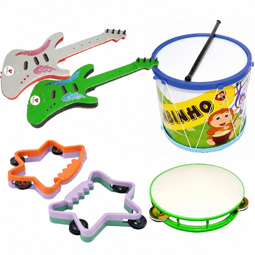 Brinquedo Instrumentos Musicais Infantil Kit com Bumbinho, 2 Guitarras, Pandeiro e Pandeiro Estrela