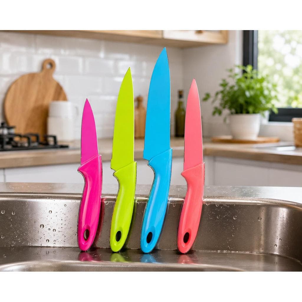 Jogo de Facas Coloridas 4 Peças em Aço Inox com Cabo Ergonômico para Cozinha