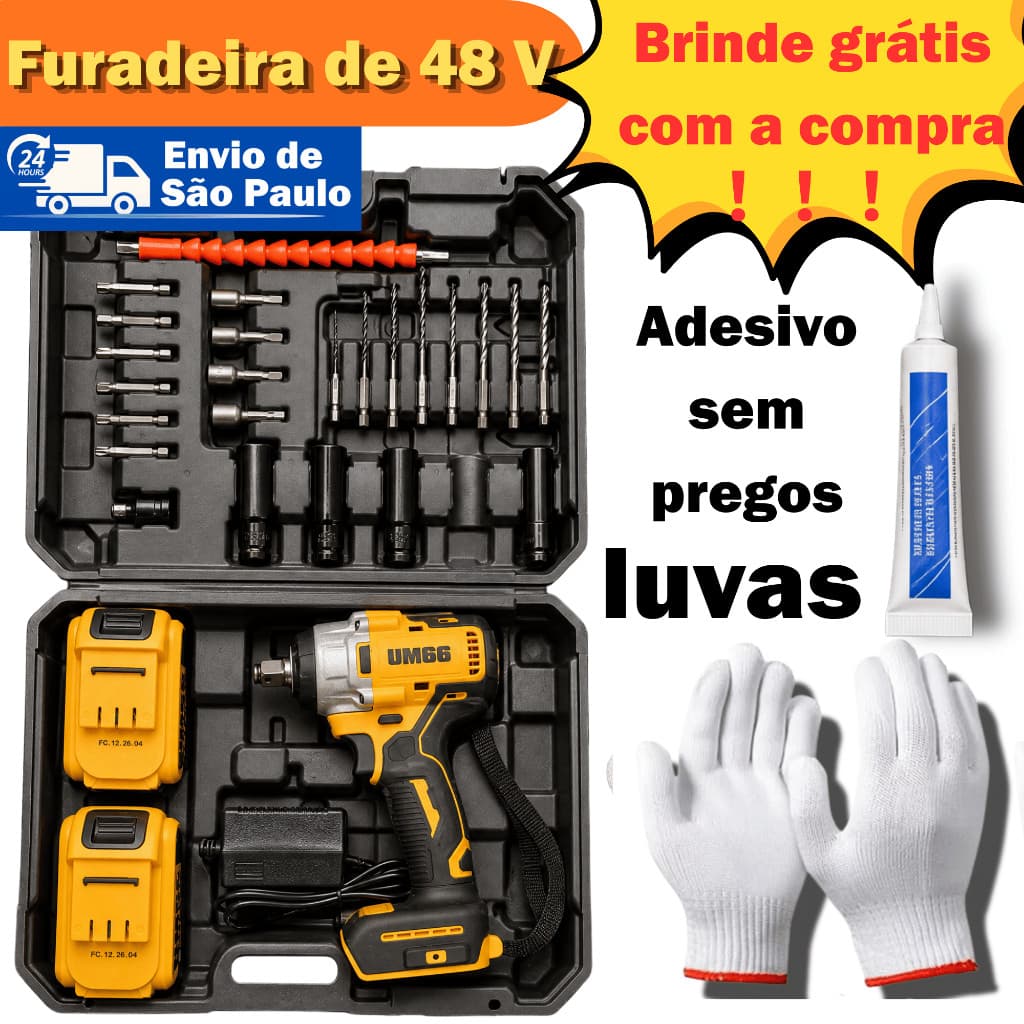 Furadeira De Impacto 48V 2 Baterias 6.0Ah 25 Torques Perfura Concreto Kit Completo