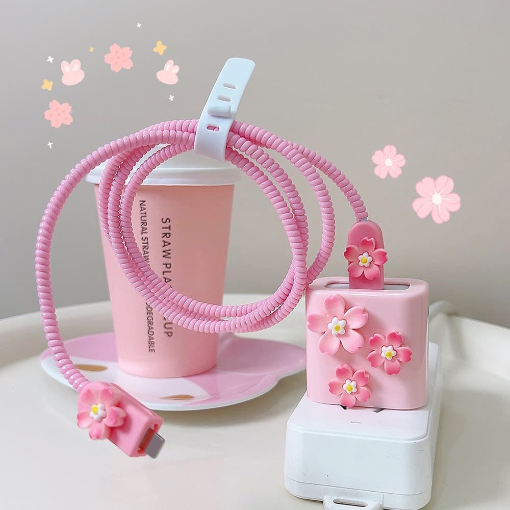 Capa Protetora Rosa com Estampa de Cerejas para Carregador Compatível com Adaptador de Energia USB-C de 18W/20W para iPh