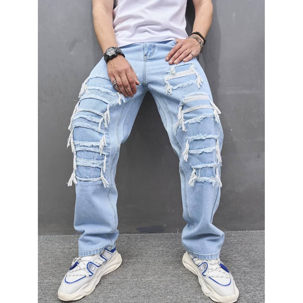 Calças de brim masculinas retas calças sem estiramento estilo bicicleta calças masculinas estilo rua chique calças Jeans
