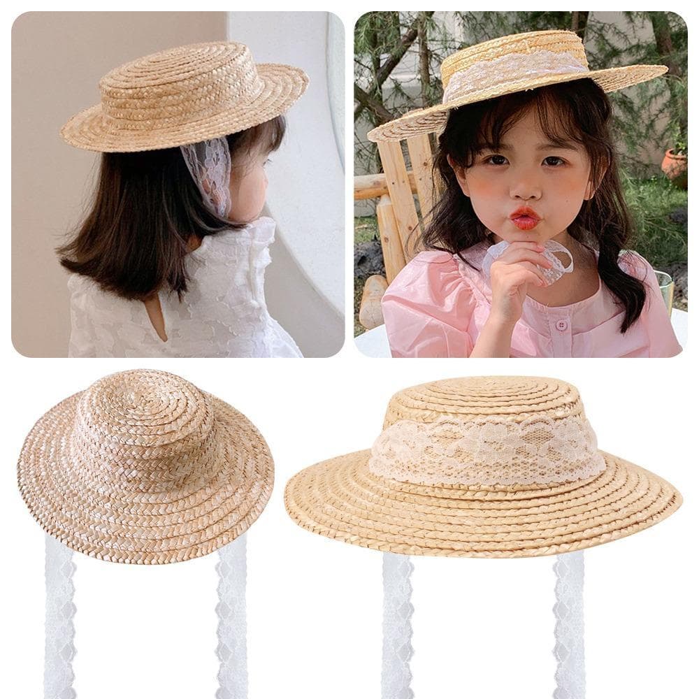Chapéu De Sol Para Bebês Meninas , Palha Com Cadarço E Topo Plano , Boné Protetor Solar Tecido À Mão Vento Hepburn Respi