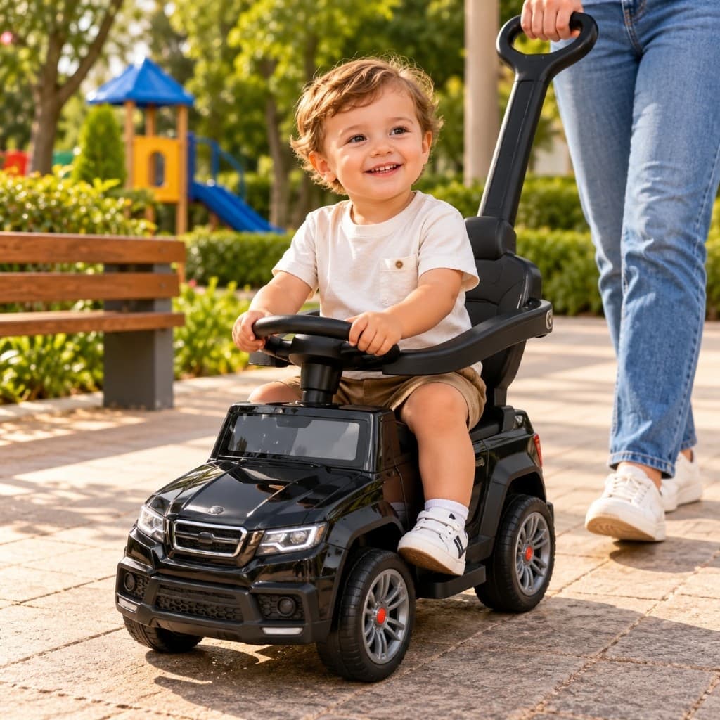 Carro Elétrico Infantil Preto Bateria Carrinho Passeio Empurrador Alça Conforto Segurança Diversão