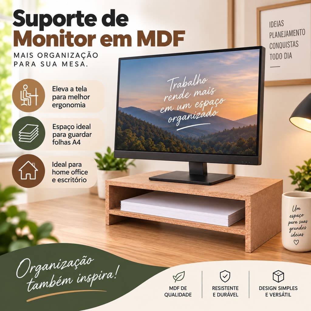 Base Elevatória para Monitor MDF Cru Suporte Organizador Mesa Escritório Home Office