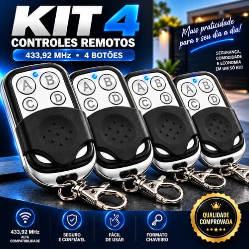 Kit 4 Controles Remoto Universal  Portao Eletronico 4 Botões  Preto