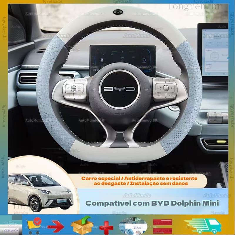 Capa de Volante em Couro Texturizado Napa para BYD Dolphin Mini, Proteção para Carro N0HA