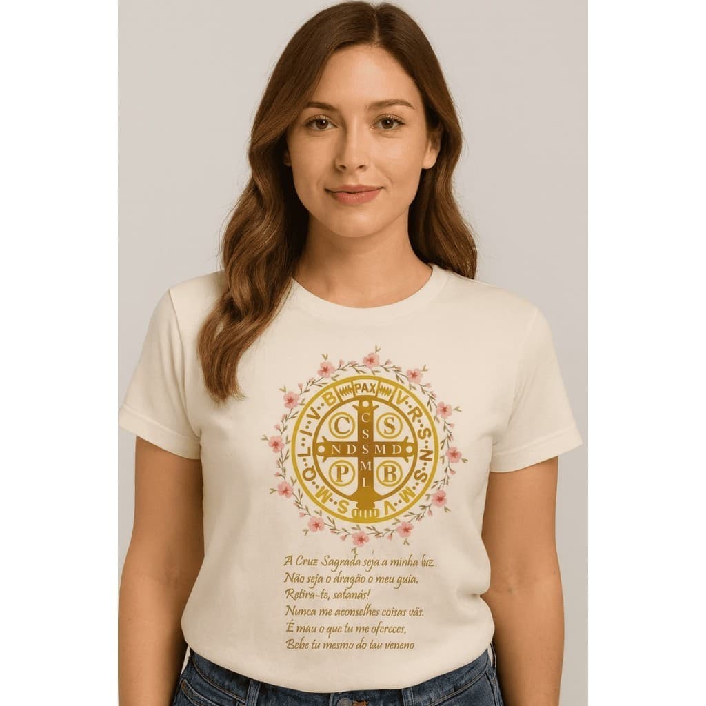 Camiseta T-Shirt Feminina Estampada Medalha De São Bento Cruz Sagrada Católica 100% Algodão Casual F P Ecom