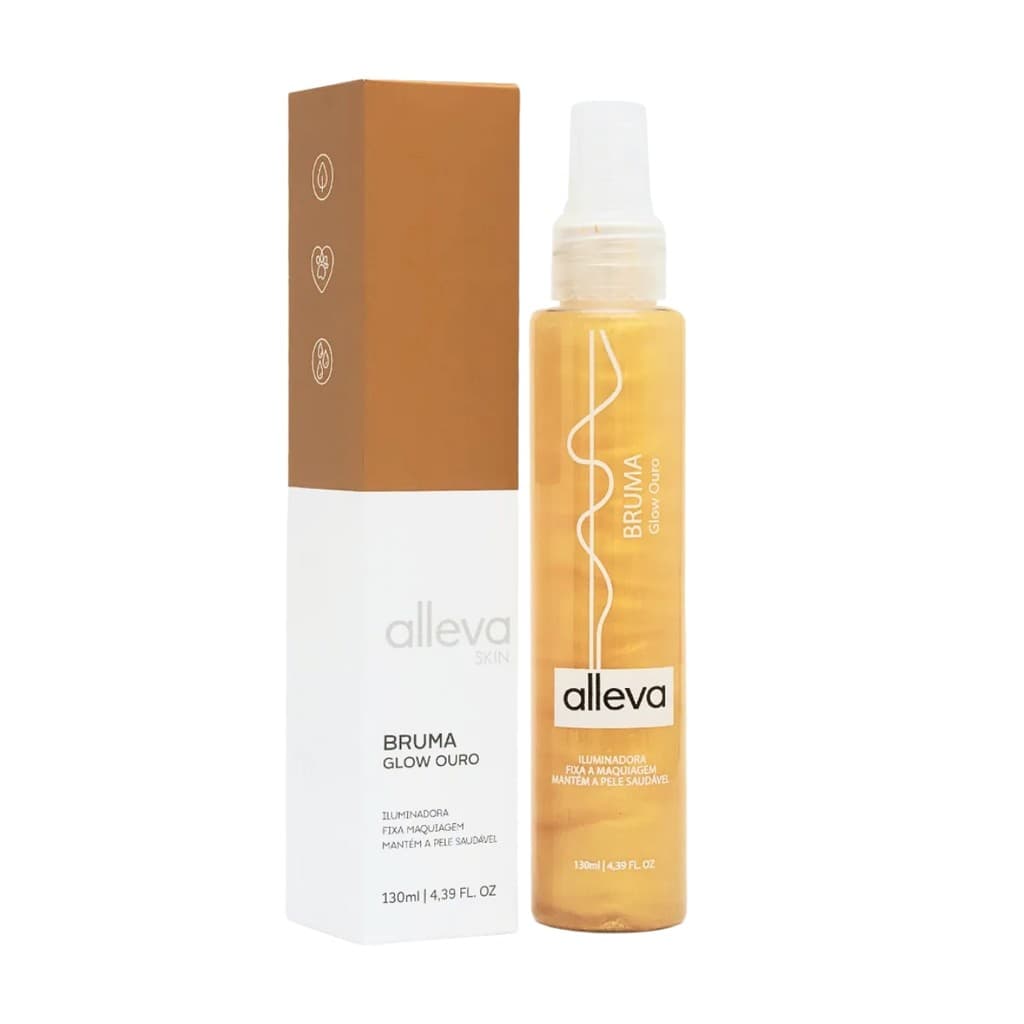 Bruma Fixadora de Maquiagem Glow Ouro com Brilho Natural Dourada Hidratante e Tonificiante Alleva