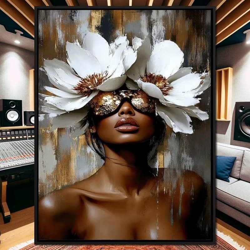 Quadro decorativo 1 peça 90x70 mulher negra flor branca dourada ouro decoração moderno abstrato para casa sala quarto