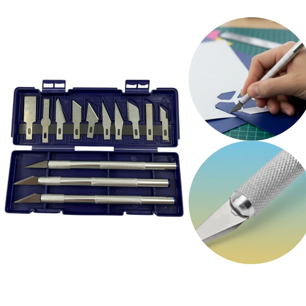 Kit Estilete de Precisão Profissional 13 Laminas + 3 Cabos Jogo Estilete Artesanato