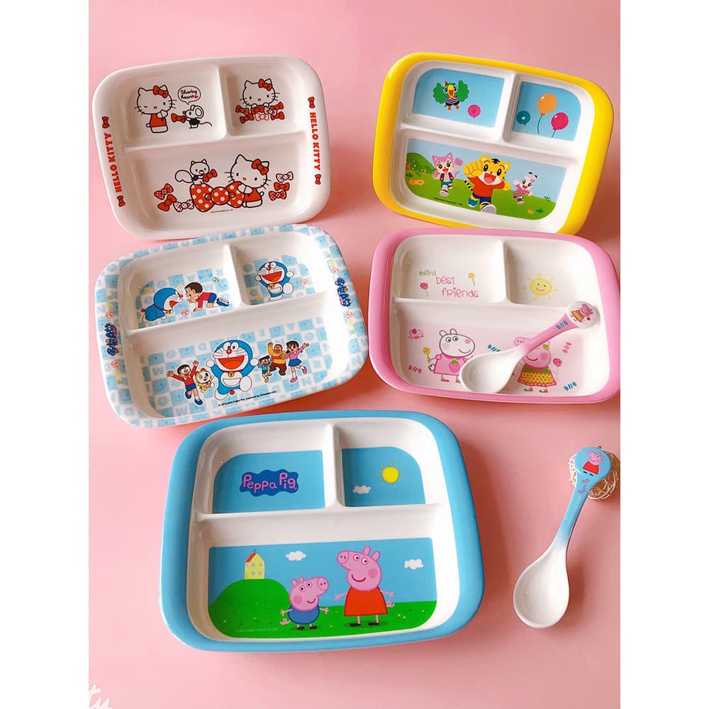 Wuhe prato de jantar infantil, jardim de infância, compartimento para comer, colher, desenho animado, melamina, comida c