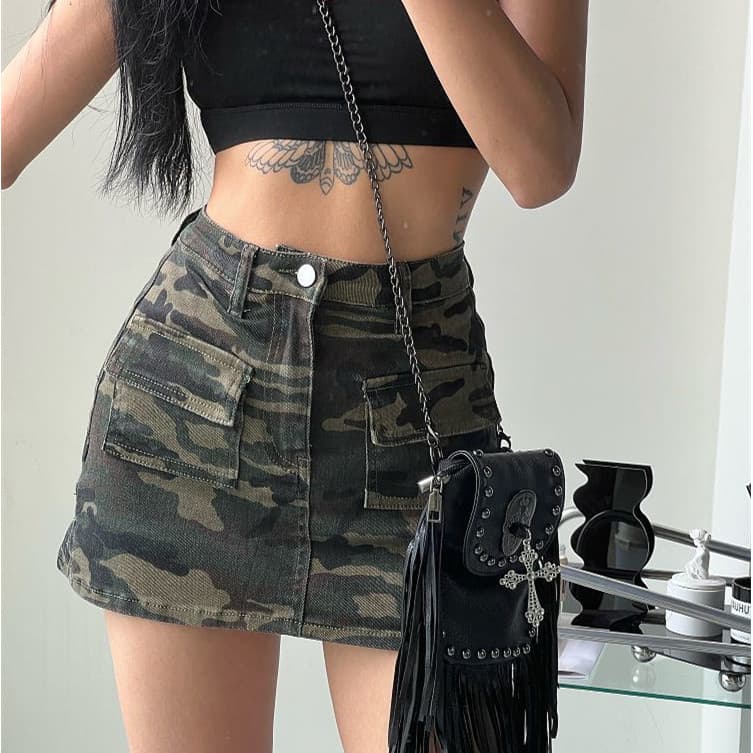 Americano Retro bolso macacão saia outono pequena cintura alta mais magro olhar saia A linha camuflagem saia curta femin