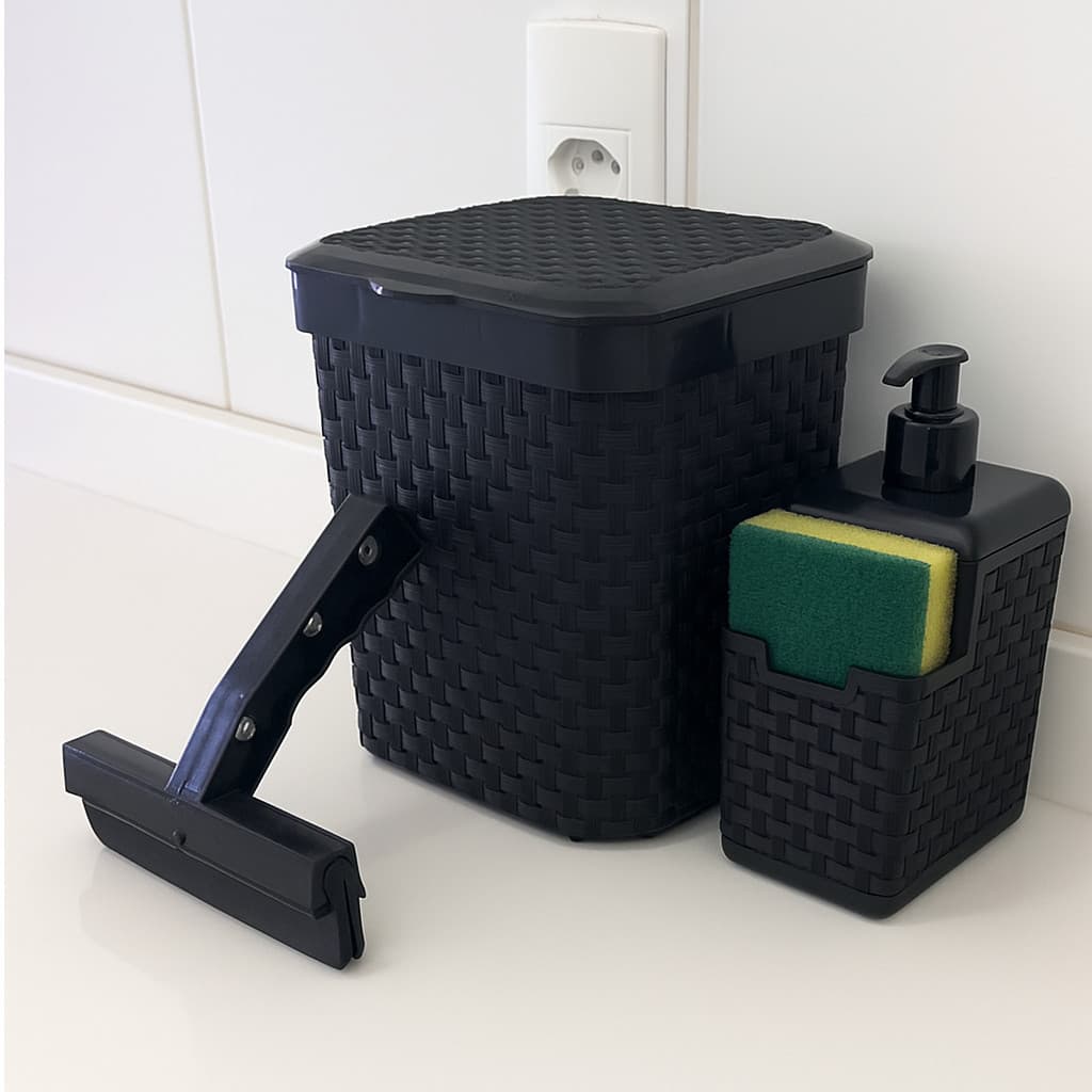 Kit Jogo para Cozinha Lixeira + Rodo + Porta Detergente com Base Esponja Rattan 5L preto Concept