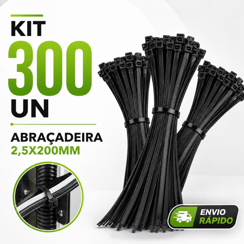 Kit Abraçadeiras de Nylon Preto 200mm x 2,5mm Cinta Plástica Resistente Para Fixação Amarração