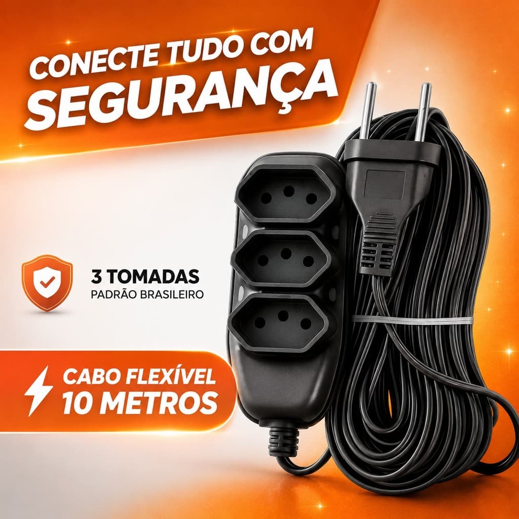 Extensão de Energia 10A Bivolt 110/220V 2m 3m 5m 10m Tripolar Preta Durável