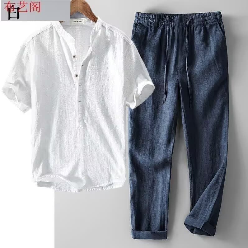 Estilo chinês branco algodão linho terno de manga curta camiseta calças de linho masculino solto preto terno de duas peç