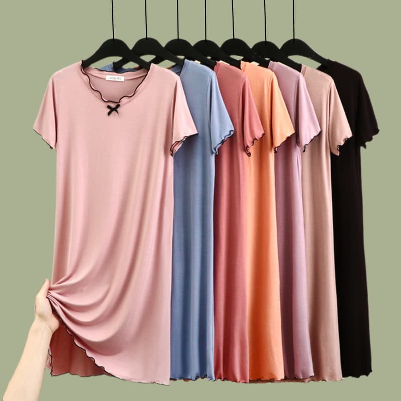 Vestido Modal feminino verão tamanho grande solto em torno do pescoço manga curta pijama exterior comprimento médio sobr