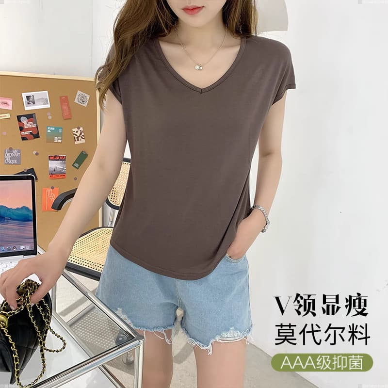 Mulheres verão Modal novo estilo de manga curta com decote em V cor sólida magro-ajuste camisa de fundo simples Casual t