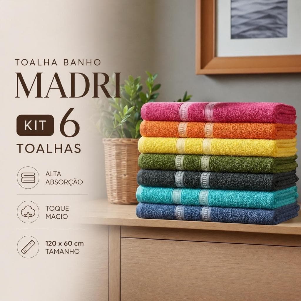 Kit 6 Toalhas de Banho Popular Madri Toalha Simples Ótima Absorção 60x120cm
