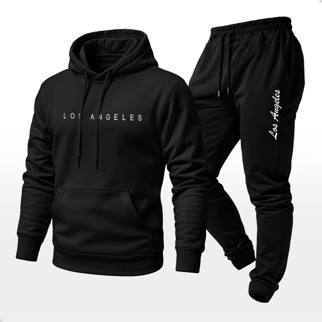 Conjunto Moletom Unissex Estampado Los Angeles Calça e Blusa Com Capuz Bolso Canguru