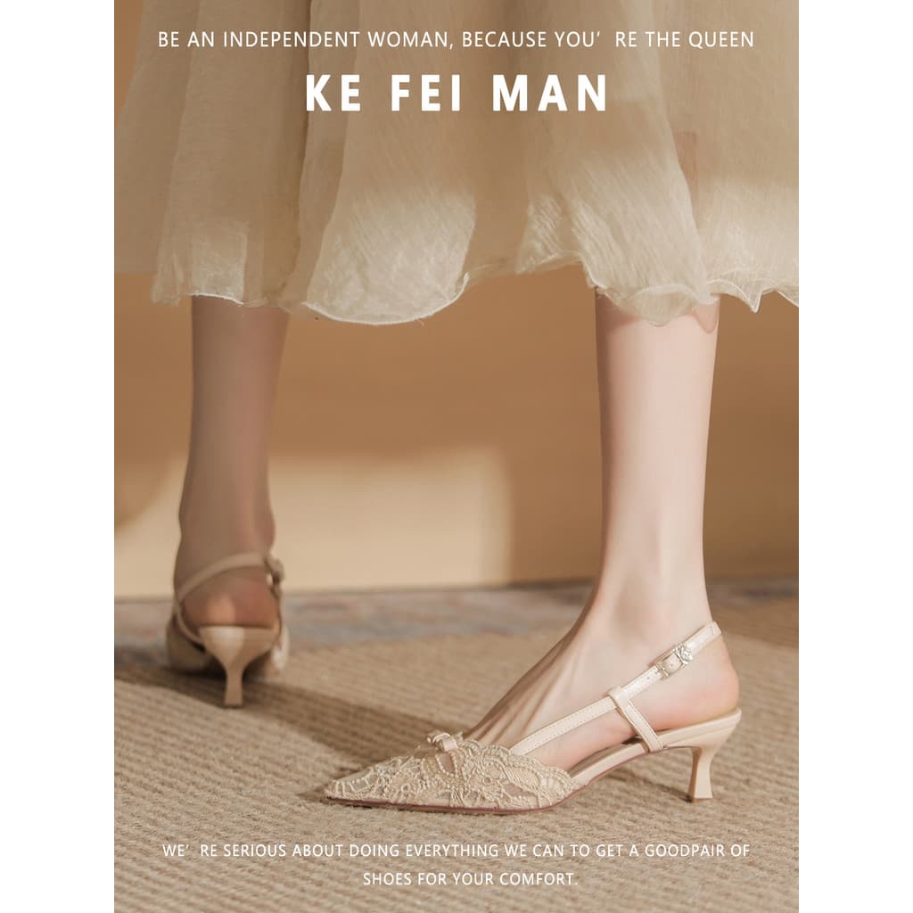 [Kefiman] Sandálias de salto alto cobertas de renda francesa femininas verão elegante bico fino salto alto Stiletto médi