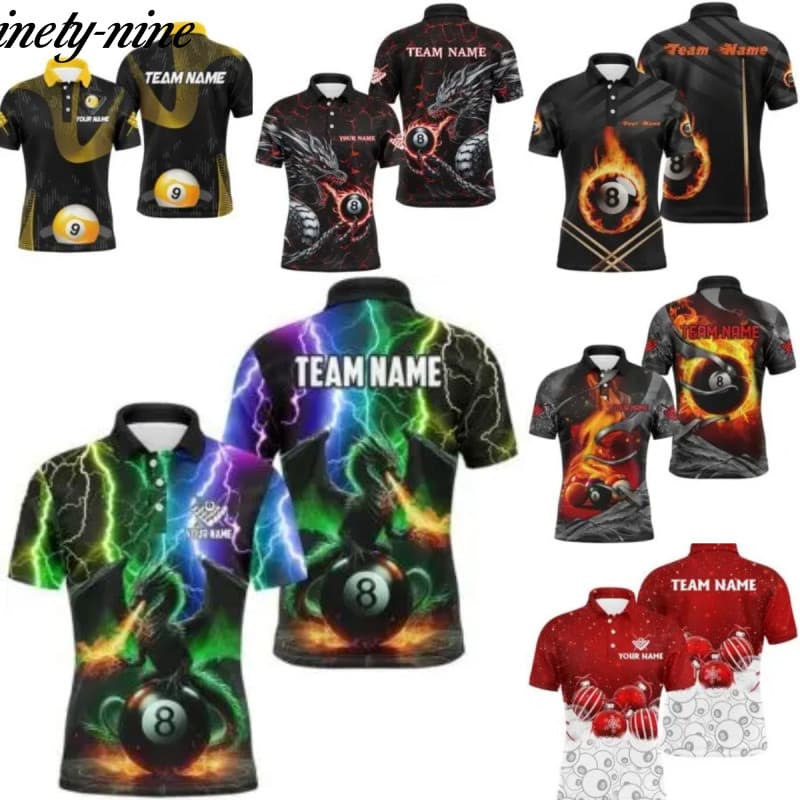 Camisa polo de bilhar 3D 8-ball Fire 2026, camisa polo de equipe de bilhar 8-ball, personalizável com nome, camisa polo
