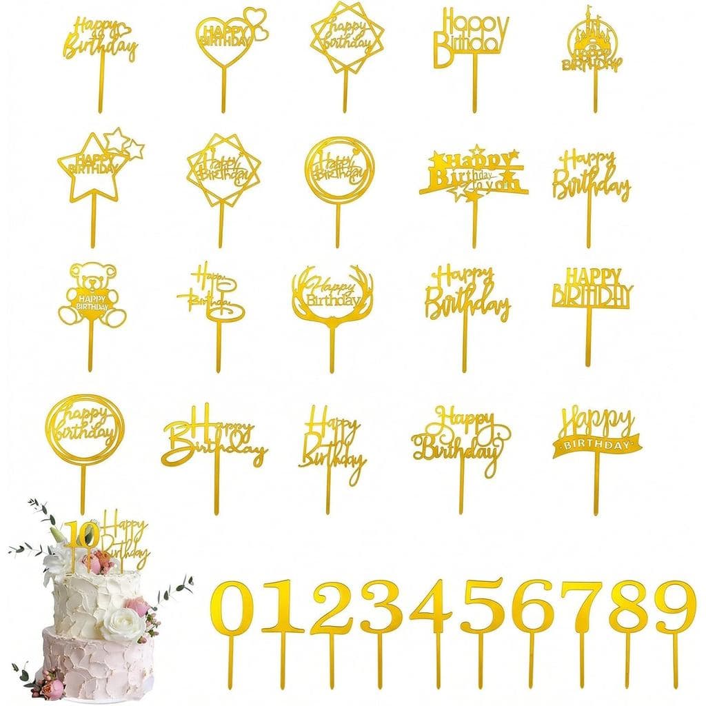 50 Peças de Topper de Bolo de Aniversário em Acrílico Dourado, Decorações de Bolo de Aniversário com Glitter para Mulher