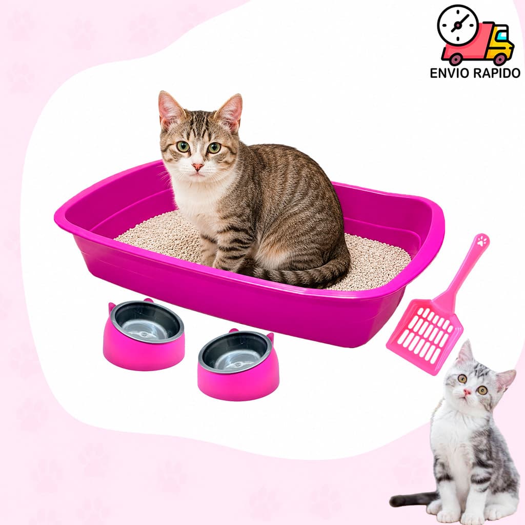 Bandeja Caixa De Areia Para Gatos Com Pá Higiênica Comedouro Bebedouro Orelha de Gato Kit Gato Fofo