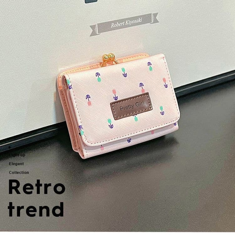 Mini Carteira Curta De PU Com Padrão Floral Design Fecho Kiss Lock , Compartimentos Para Vários Cartões Bolso Dinheiro B