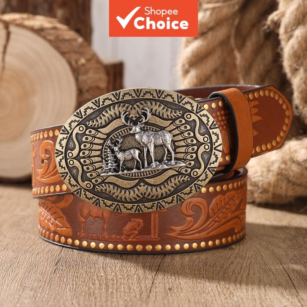Cinto de cowboy ocidental masculino com fivela gravada de cavalo floral para estilo casual em couro preto