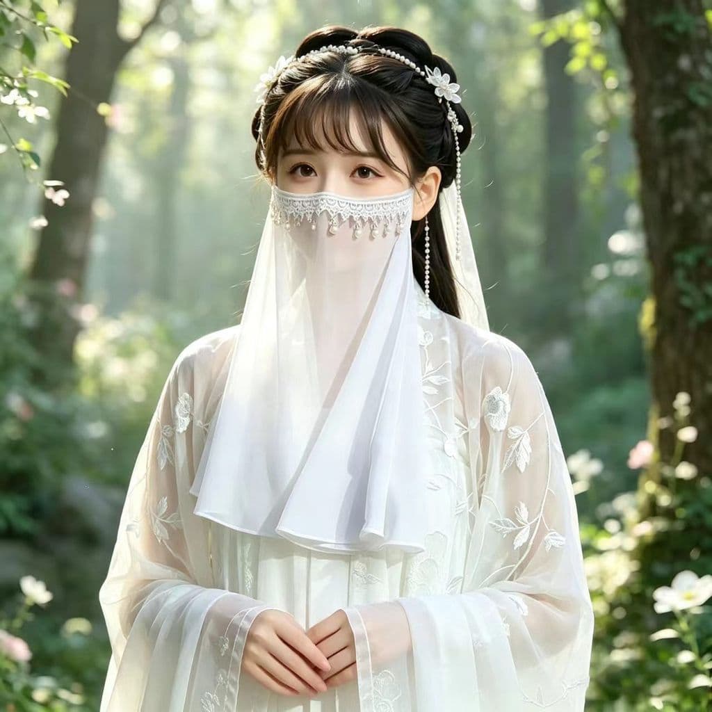 Véu Hanfu pendurado véu de orelha antigo Semi-cobrindo véu com franjas de Chiffon