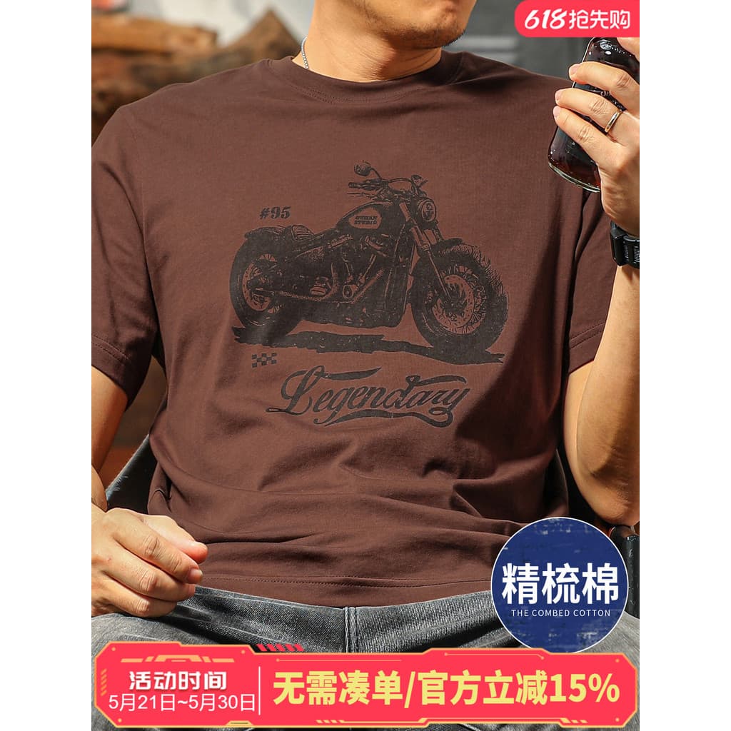 Jiyan camiseta de manga curta masculina 2026 novo estilo verão puro algodão em torno do pescoço americano Retro motocicl