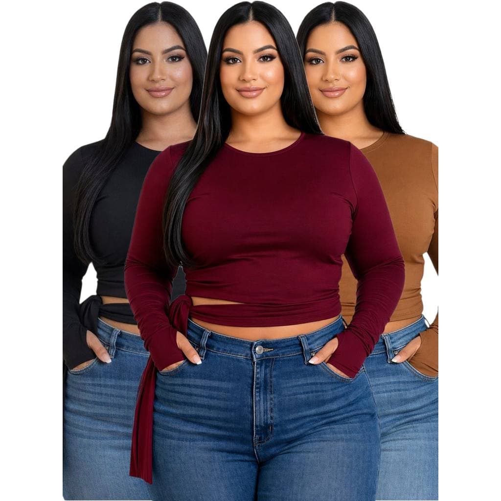 Kit 3 Cropped Feminino Plus Size Forrado Manga Longa com Amarração Lateral e Recorte