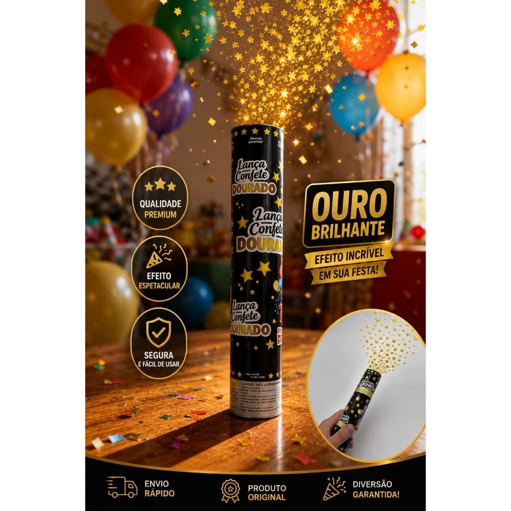 Kit 2 Lança Confete Metalizado Festa Estouro Estrela Dourada