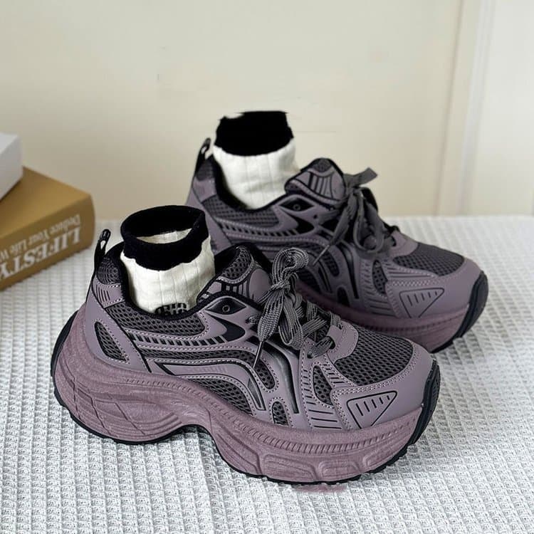2025 outono inverno novo estilo Retro roxo papai sapatos de sola grossa aumentando sapatos casuais tênis de malha respir