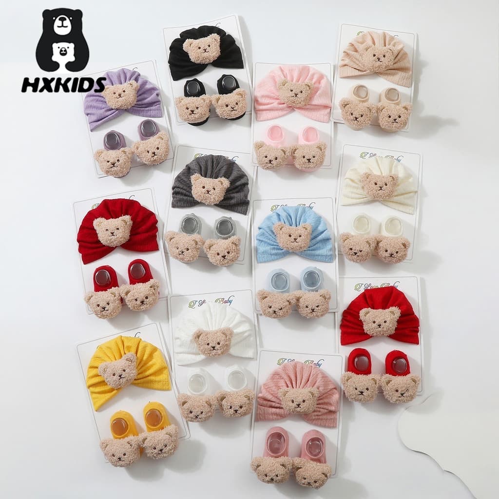2 Pçs Bonito Urso Bebê Chapéu Meias Conjunto Recém-Nascido Infantil Turbante Boné Macio Criança Anti Deslizamento